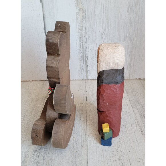 Vintage wooden teddy bear Santa Claus unique rustic folk art set decor - Picture 5 of 7